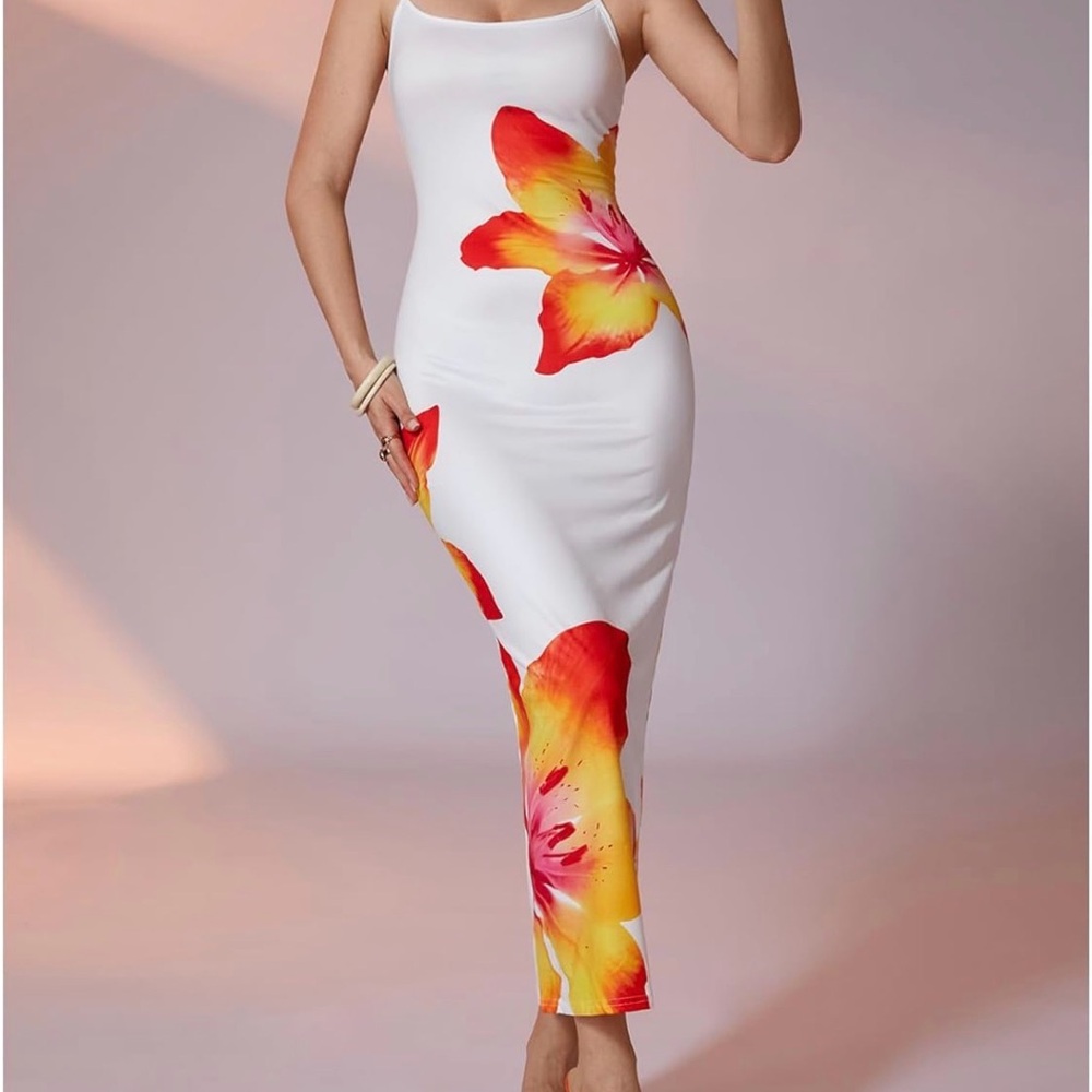 White Maxi Slip Dress with Red-Yellow Floral Prints